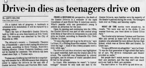 Gratiot Drive-In Theatre - Old News Article (newer photo)
